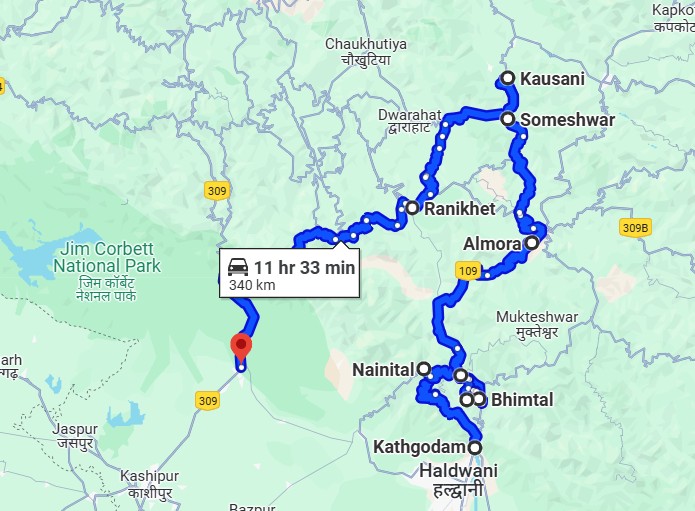 nainital kausani corbett tour from kathgodam map